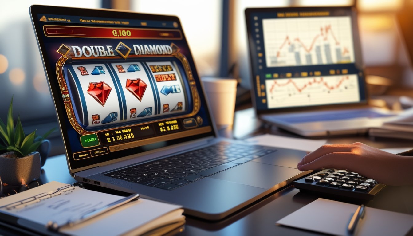 Meja kerja dengan laptop menampilkan permainan slot double diamond, catatan, kalkulator, dan secangkir kopi.