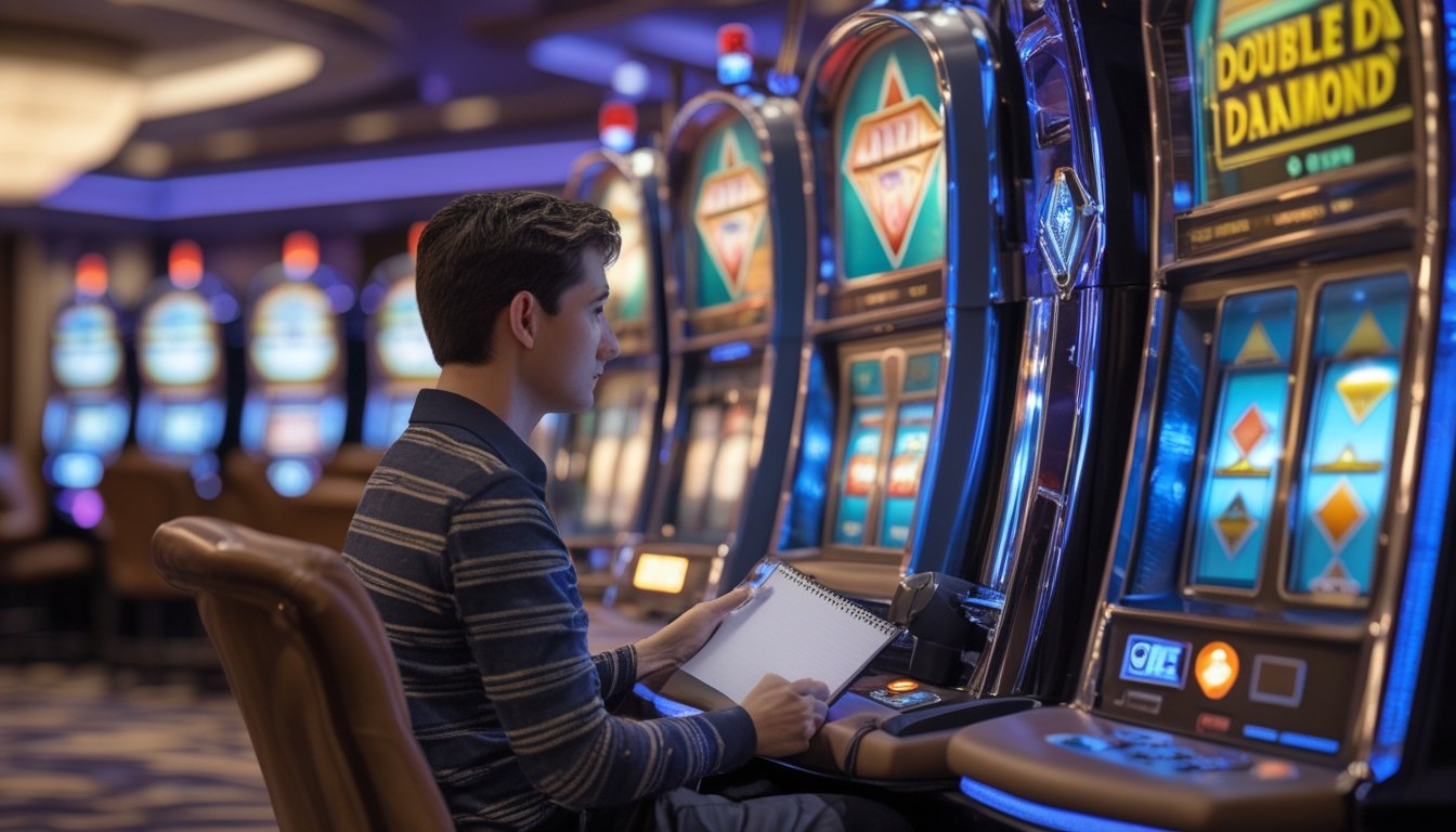Seorang pemain fokus bermain mesin slot Double Diamond di kasino dengan suasana yang terang dan modern.