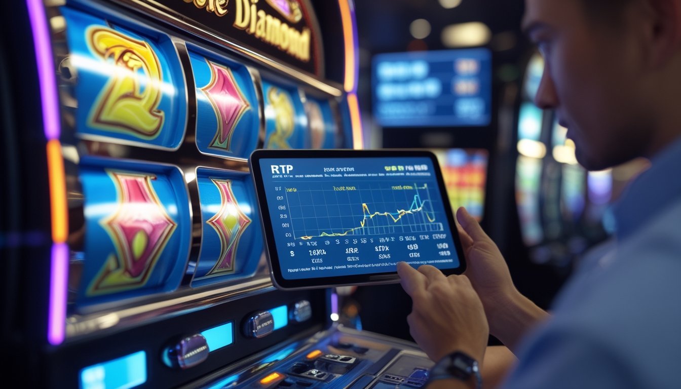 Seorang pria di kasino sedang melihat tablet dengan mesin slot Double Diamond di latar depan.