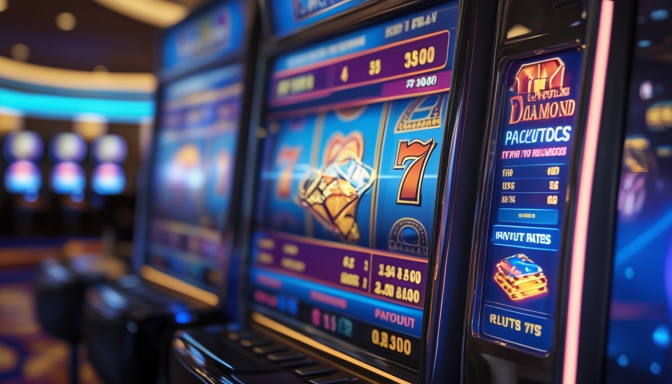 Tampilan dekat layar mesin slot Double Diamond dengan statistik RTP yang jelas, latar belakang kasino kabur.
