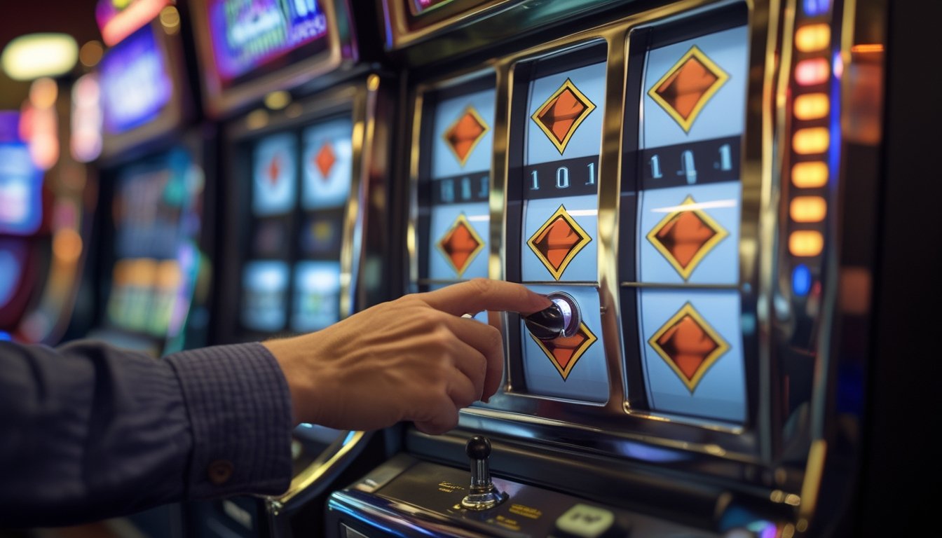 Seseorang sedang bermain mesin slot Double Diamond di kasino dengan tangan siap menarik tuas.