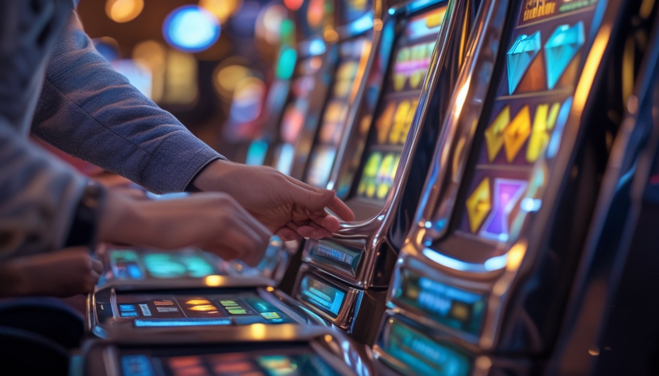Tangan seseorang sedang bermain mesin slot Double Diamond dengan latar belakang kasino yang samar.