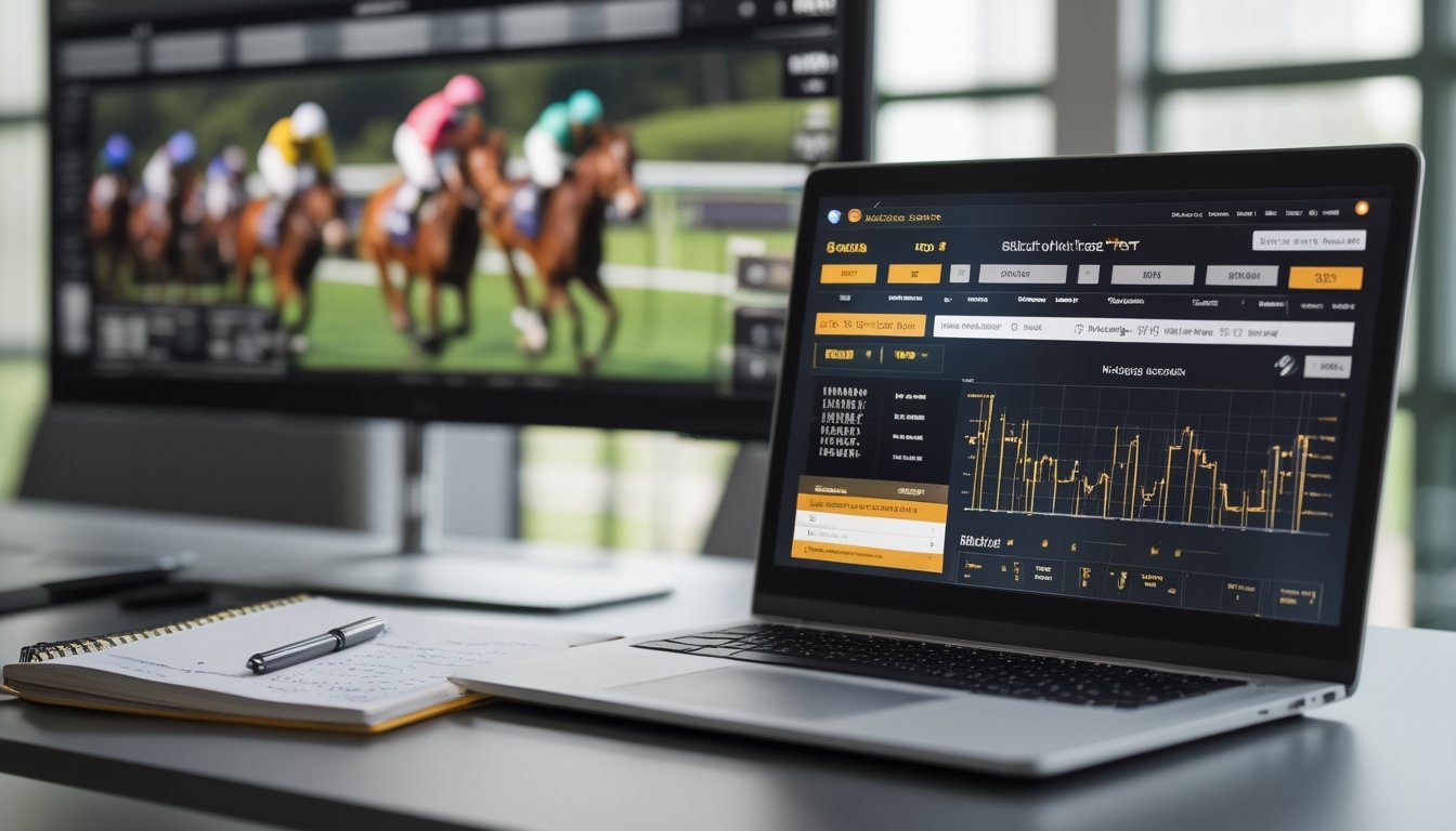 Seorang individu sedang menganalisis peluang kemenangan taruhan pacuan kuda online di depan laptop dengan layar menampilkan data dan statistik pacuan kuda.