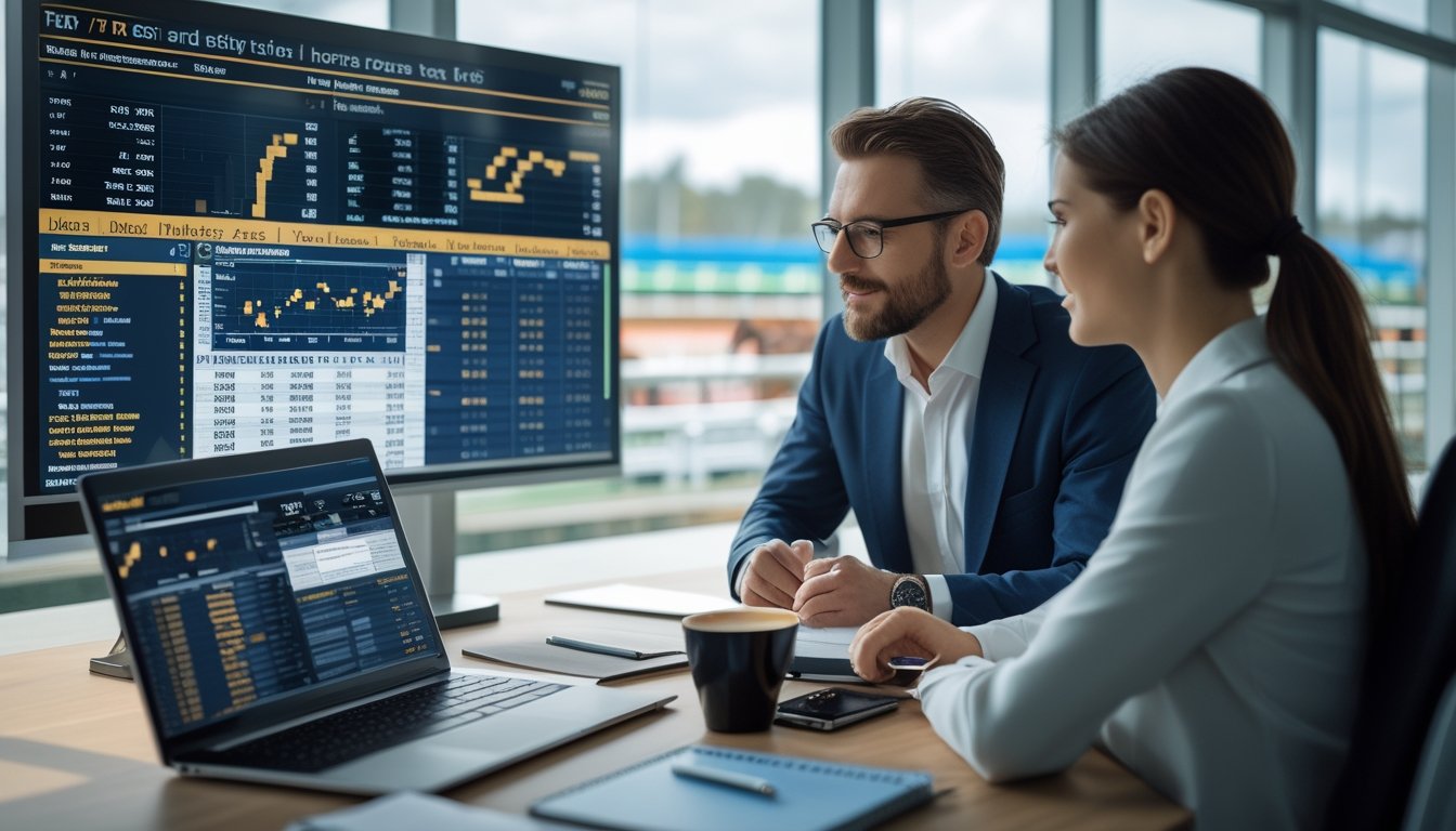 Dua orang sedang menganalisis data pacuan kuda di kantor modern dengan layar digital dan pemandangan lintasan pacuan kuda di latar belakang.