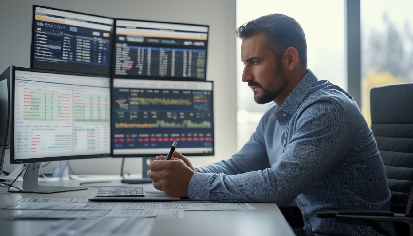 Seorang pria serius duduk di meja dengan beberapa layar yang menampilkan data dan statistik pacuan kuda, sambil mencatat dan menganalisis informasi.