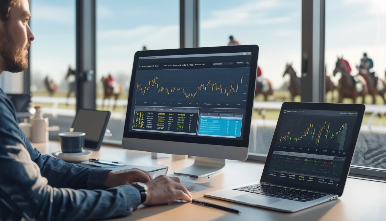 Seseorang sedang menganalisis data taruhan pacuan kuda dengan perangkat digital di kantor modern, latar belakang menunjukkan lintasan pacuan kuda dengan kuda dan joki.