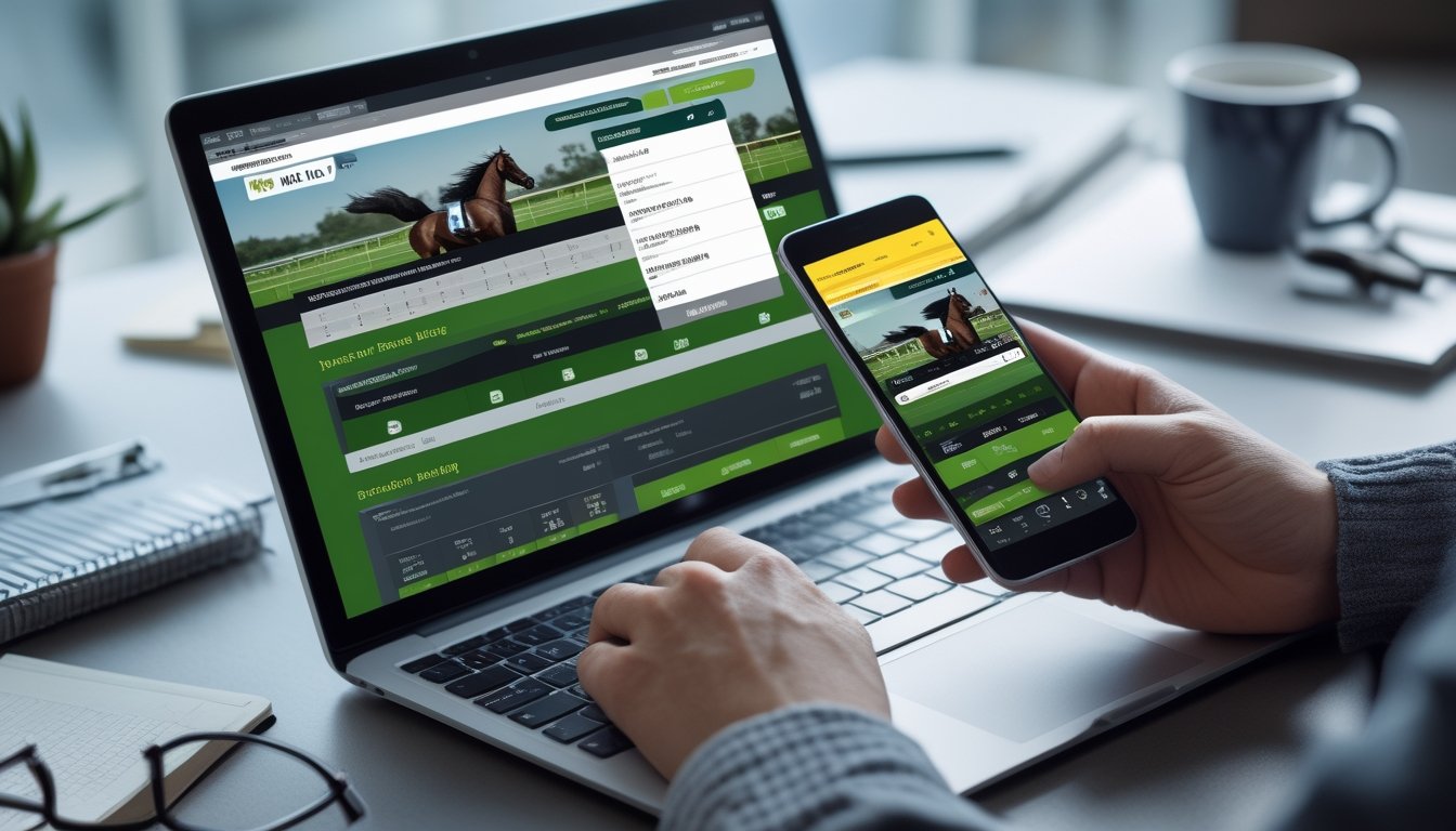 Seseorang menggunakan laptop dan ponsel untuk memasang taruhan pacuan kuda online di meja kerja dengan kopi dan alat tulis di sekitar.
