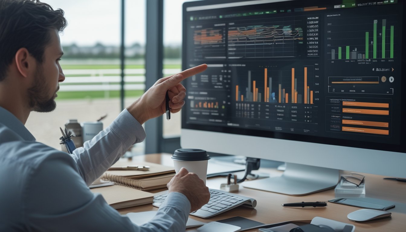 Seorang analis sedang melihat layar komputer dengan grafik dan data pacuan kuda, di ruang kerja dengan jendela yang memperlihatkan lintasan pacu kuda.