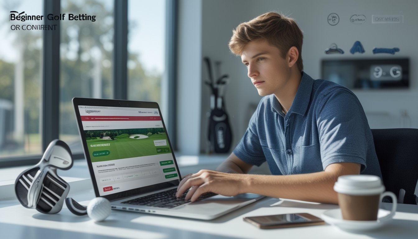 Seorang pemula golf duduk di meja dengan laptop dan peralatan golf, fokus menggunakan situs taruhan golf online yang aman.