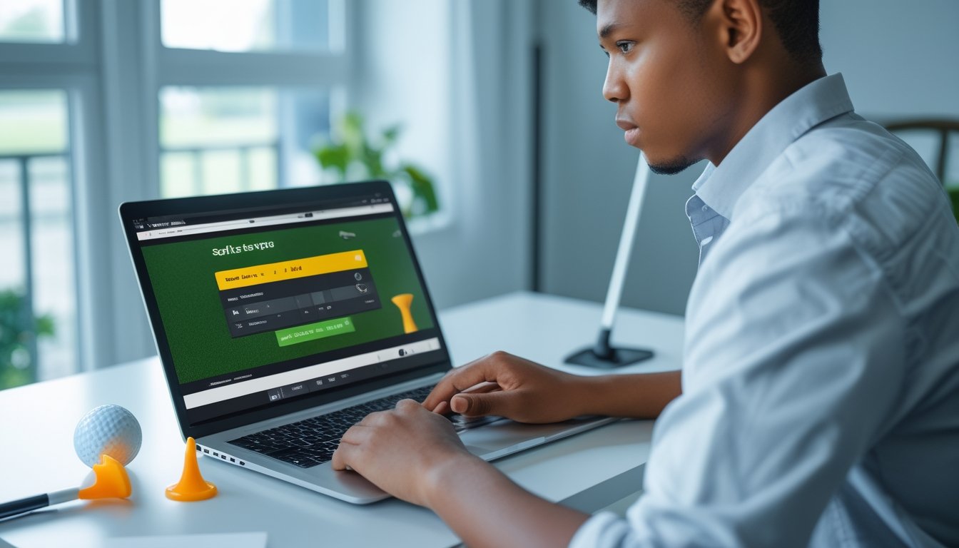 Seorang pemula sedang menggunakan laptop di meja dengan perlengkapan golf di sekitarnya, menunjukkan aktivitas taruhan golf online yang aman.