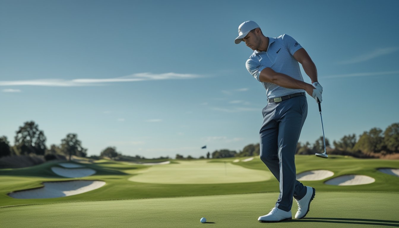 Seorang pegolf pria sedang mengayunkan tongkat golf di lapangan golf yang hijau dengan langit biru cerah.