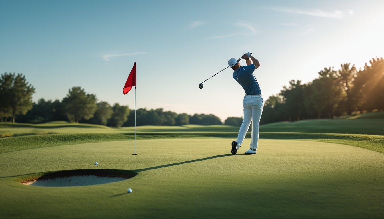 Pemandangan lapangan golf dengan pemain golf sedang mengayunkan tongkat golf di dekat lubang.