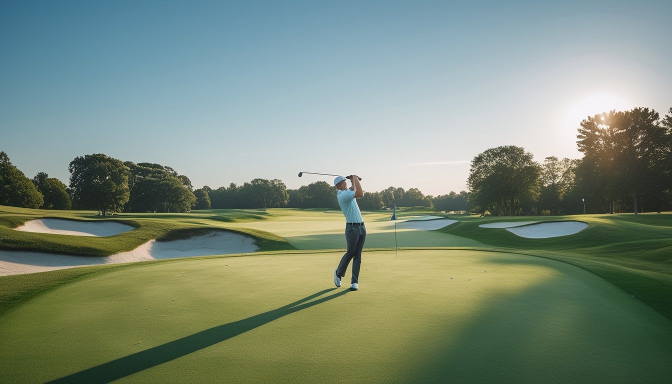 Seorang pemain golf sedang melakukan ayunan di lapangan golf yang hijau dan terawat dengan langit biru cerah.