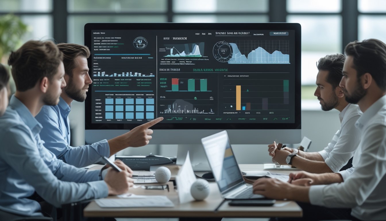 Sekelompok profesional sedang menganalisis statistik pemain golf di kantor dengan layar besar yang menampilkan grafik dan data performa pemain golf.