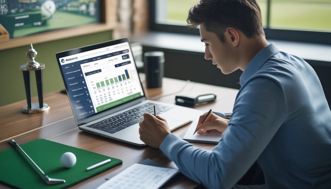 Seorang pemain golf sedang menganalisis statistik pemain golf di depan laptop di sebuah ruang kerja dengan perlengkapan golf di sekitarnya.
