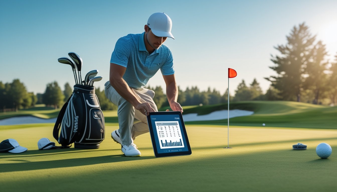 Seorang pegolf pria sedang memeriksa tablet digital di lapangan golf yang hijau dengan peralatan golf di sekitarnya.
