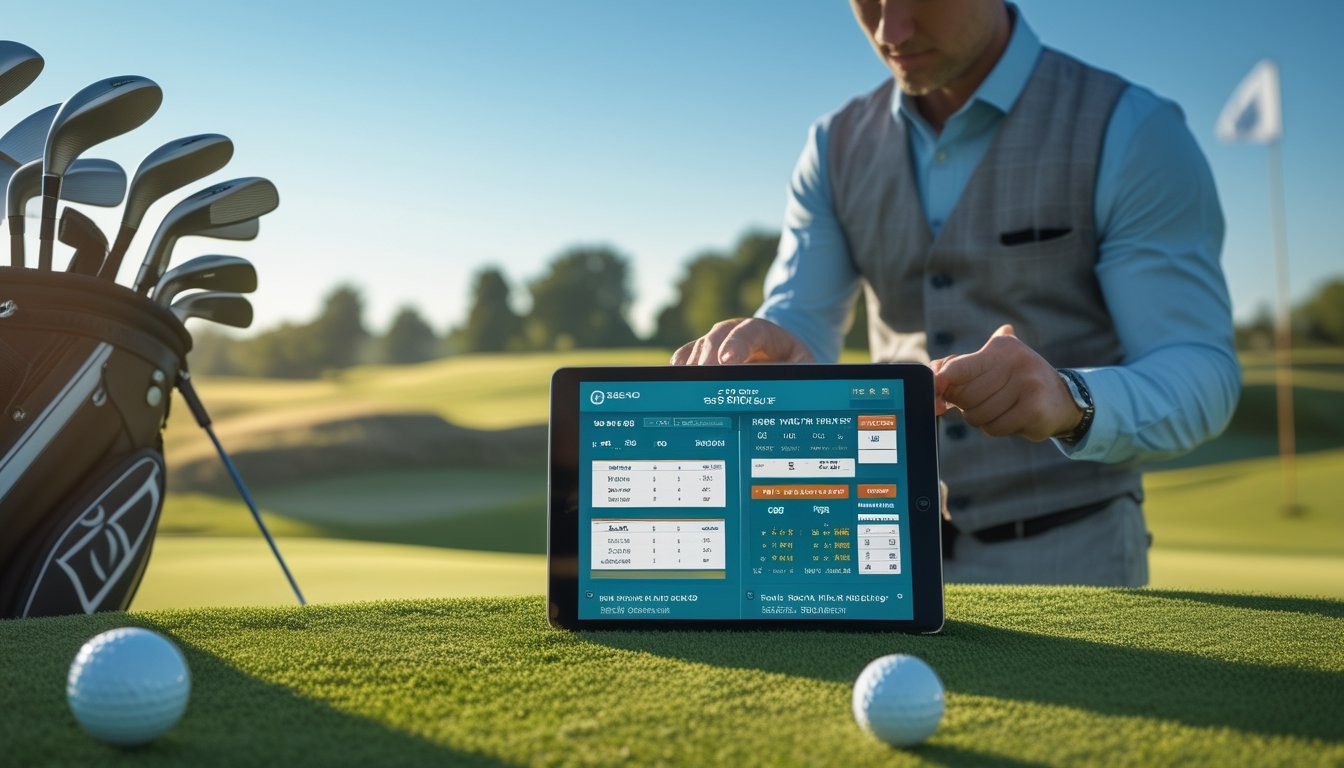 Seorang pegolf profesional sedang menganalisis data handicap dan peluang taruhan golf menggunakan tablet di lapangan golf hijau.