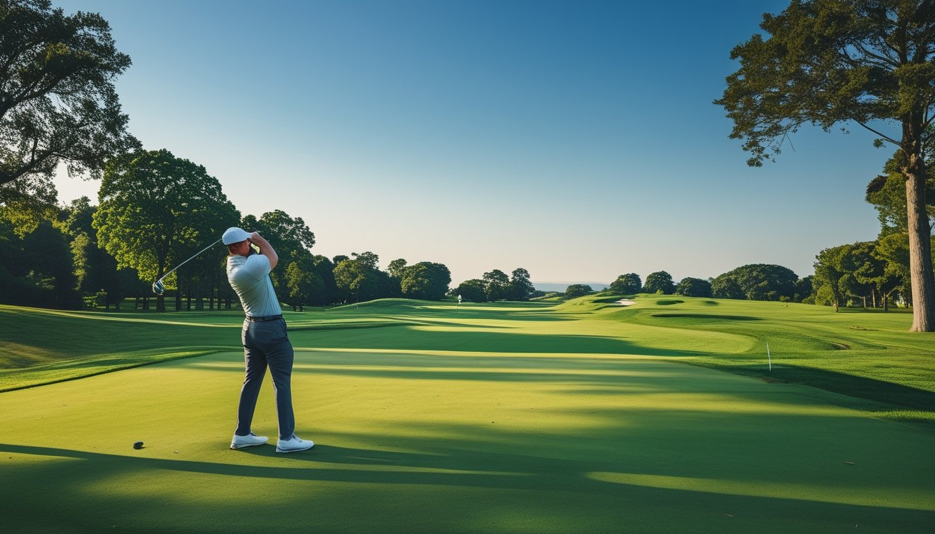 Pemandangan lapangan golf hijau dengan seorang pemain golf sedang mengayunkan stik golf di bawah langit cerah.
