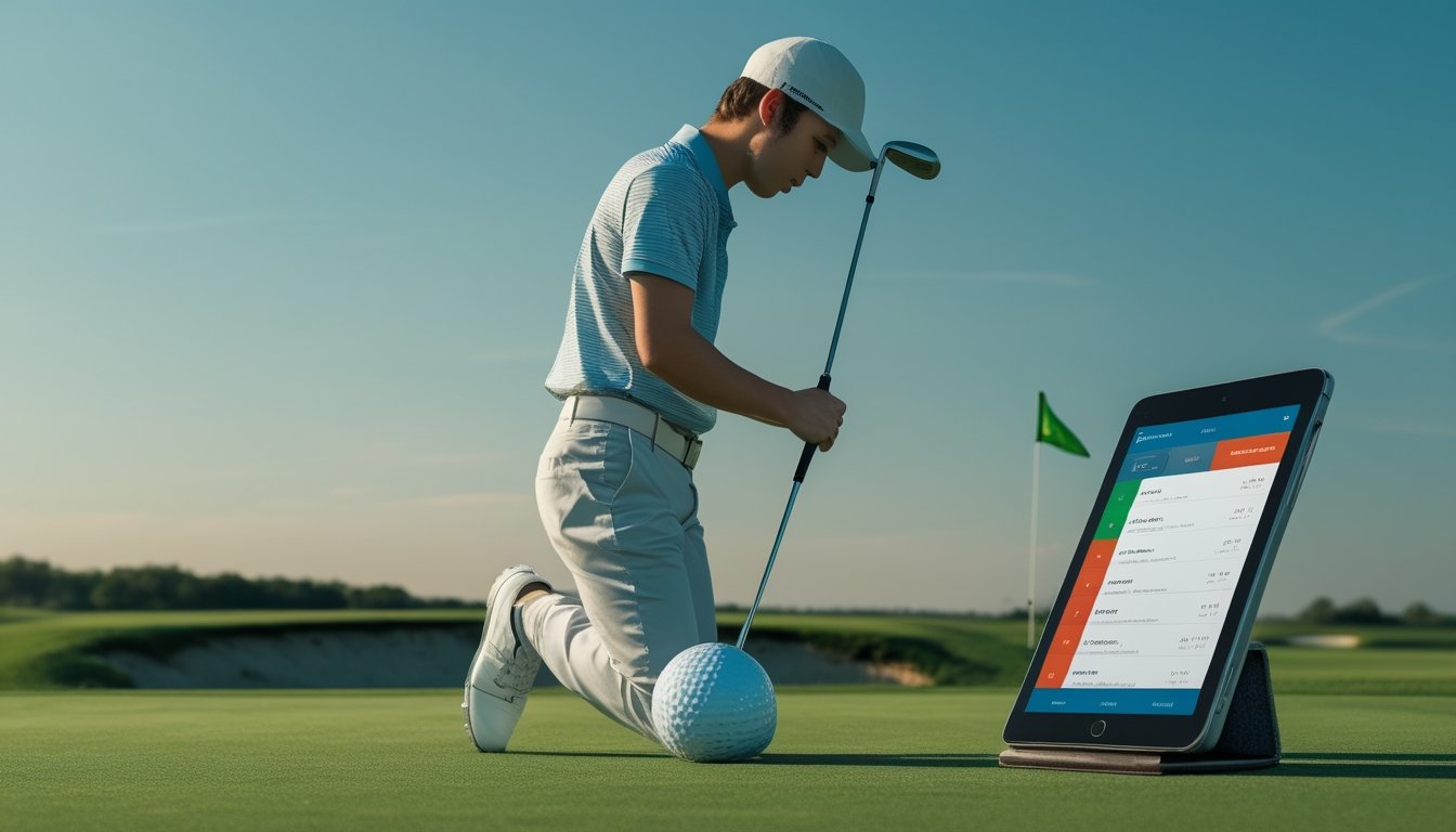 Seorang pemain golf pemula tampak bingung sambil memegang klub golf di lapangan hijau dengan perangkat digital menampilkan peluang taruhan golf.