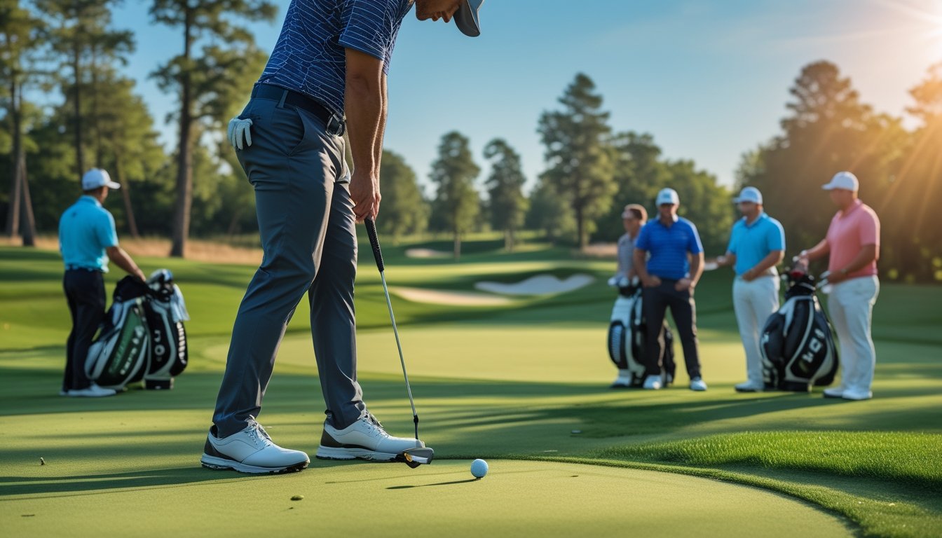 Sekelompok pemain golf bermain dan berdiskusi di lapangan golf hijau dengan bola dan stik golf.