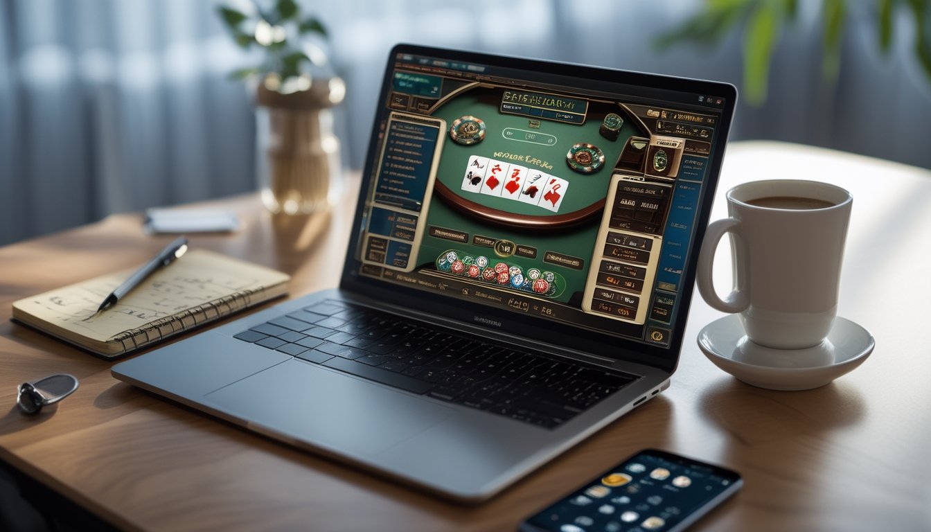 Seorang pemain duduk di depan laptop dengan tampilan meja blackjack online, dikelilingi oleh catatan strategi dan alat pendukung lainnya.