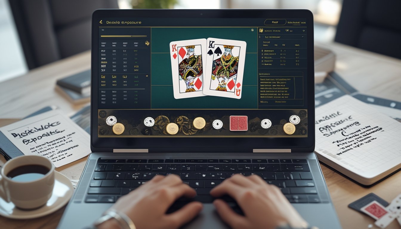 Seorang pemain duduk di depan komputer dengan permainan blackjack online di layar, dikelilingi oleh catatan strategi dan chip poker di meja.