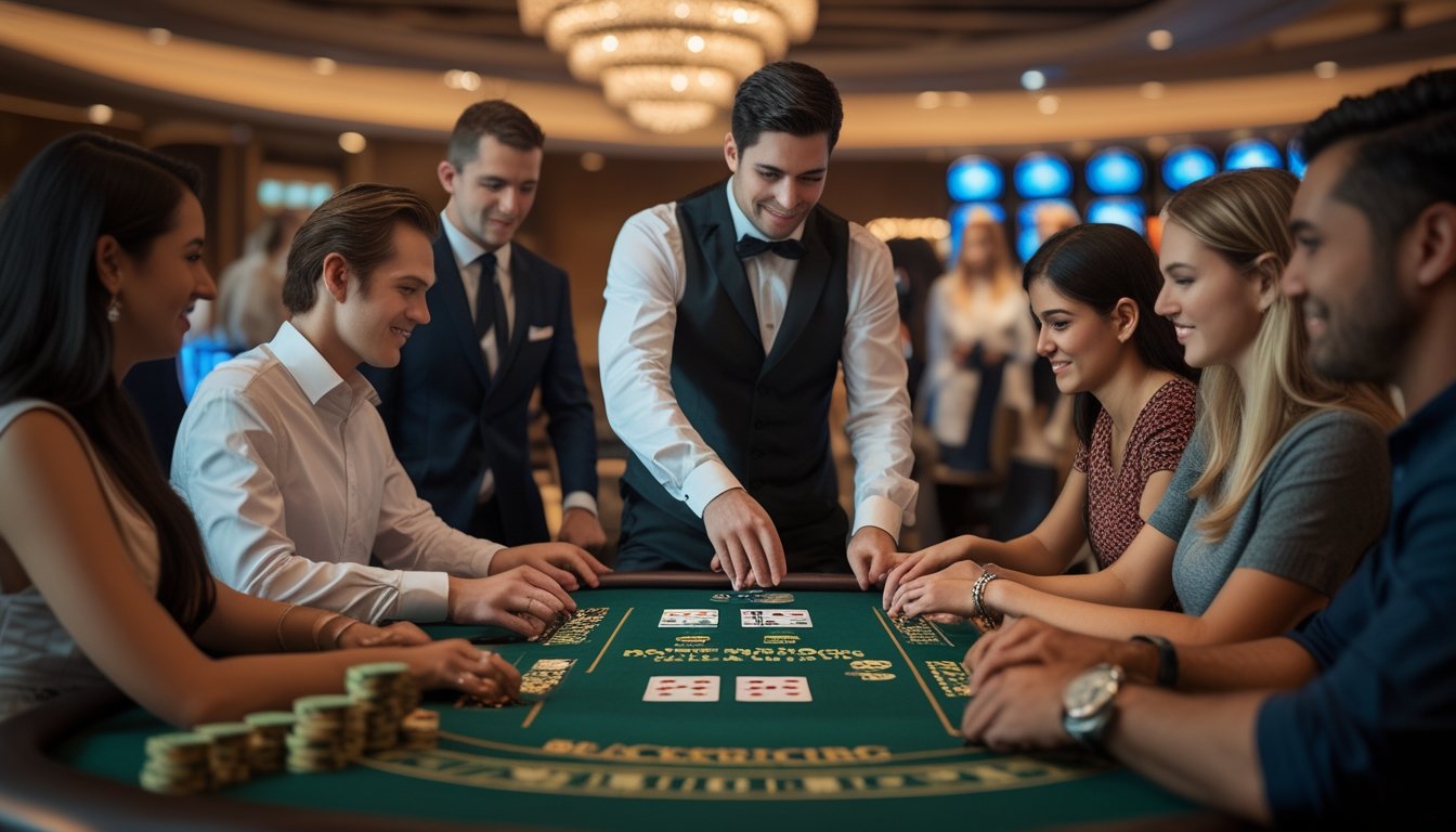 Seorang dealer membagikan kartu kepada beberapa pemain yang duduk di meja blackjack di kasino.