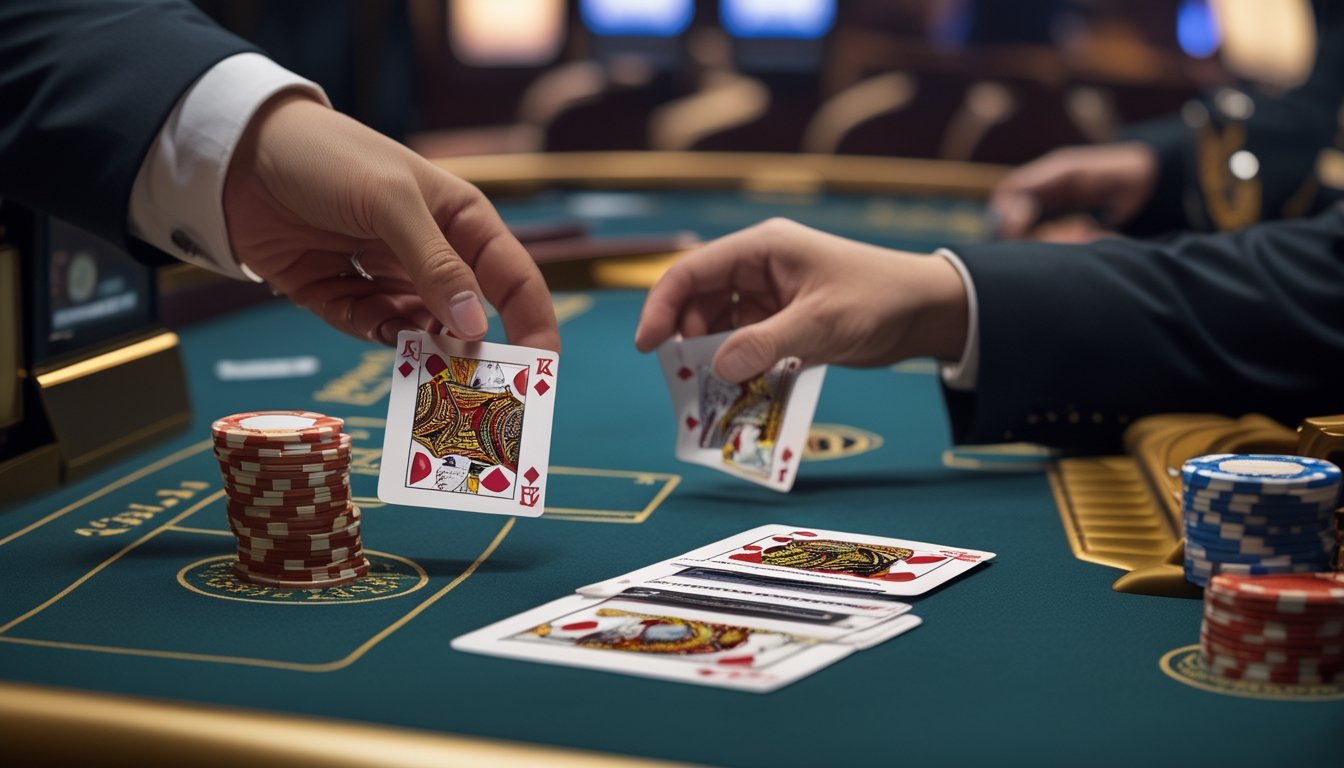 Meja blackjack dengan dua set kartu terbuka dan tumpukan chip di kasino, dealer sedang membagikan kartu.