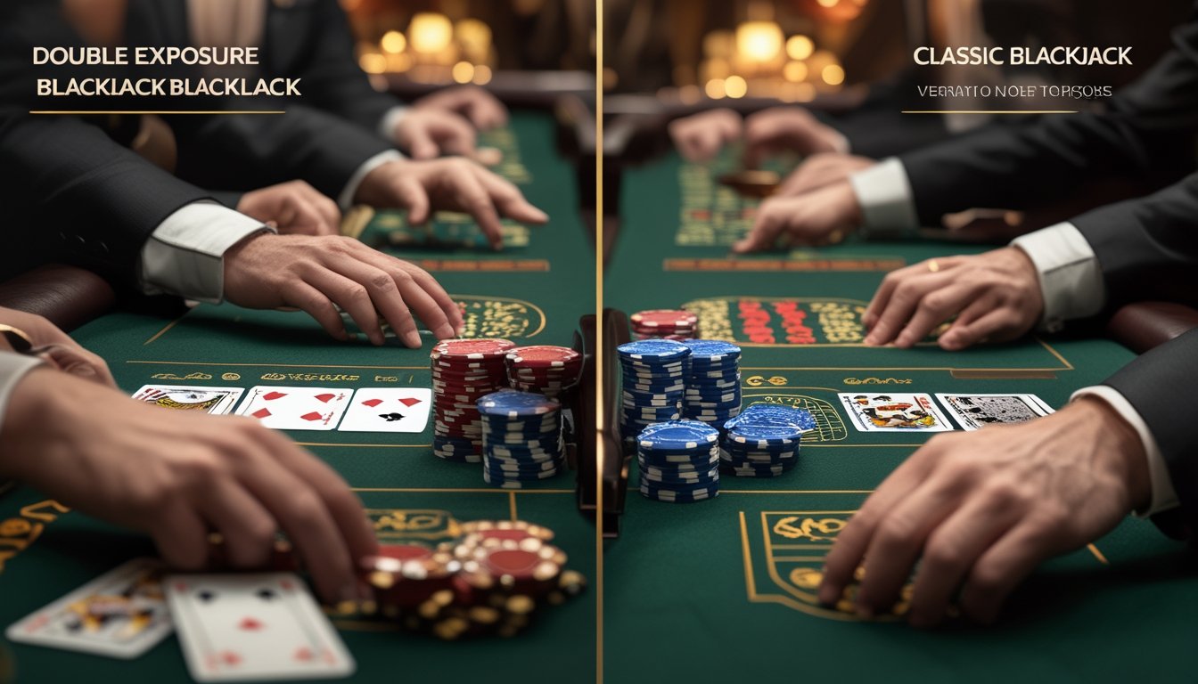 Meja kasino dengan dua pengaturan blackjack berdampingan, satu menunjukkan kartu dealer terbuka penuh dan satu menunjukkan kartu dealer tertutup sebagian, dengan tumpukan chip dan tangan pemain terlihat.