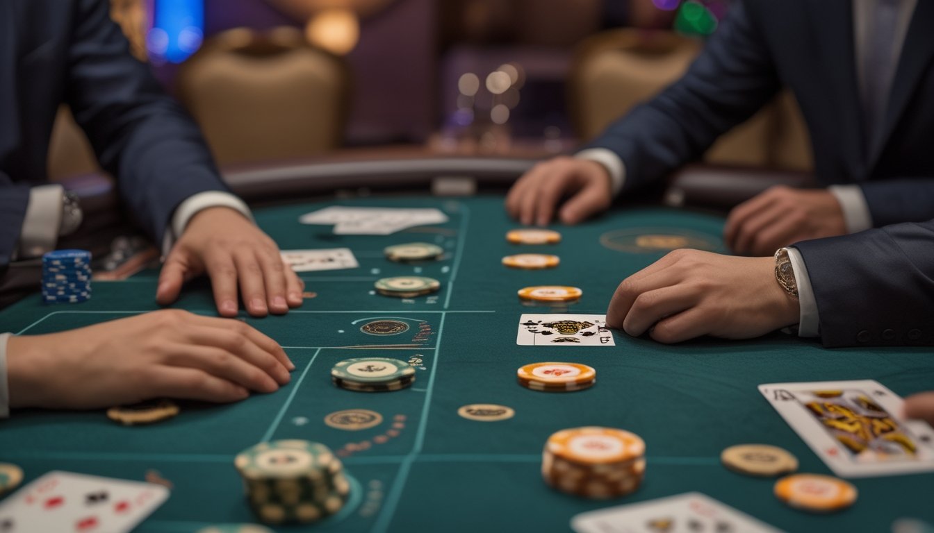 Meja kasino dengan dua tangan blackjack yang berbeda, satu menunjukkan kartu dealer terbuka penuh dan satu lagi dengan satu kartu tertutup, dilengkapi chip dan kartu di atas meja hijau.