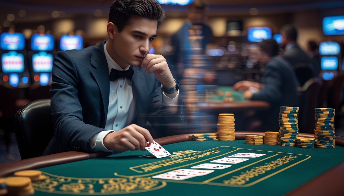 Seorang pemain berjubah rapi sedang memperhatikan kartu dan chip di meja blackjack dengan dealer di latar belakang dalam suasana kasino.
