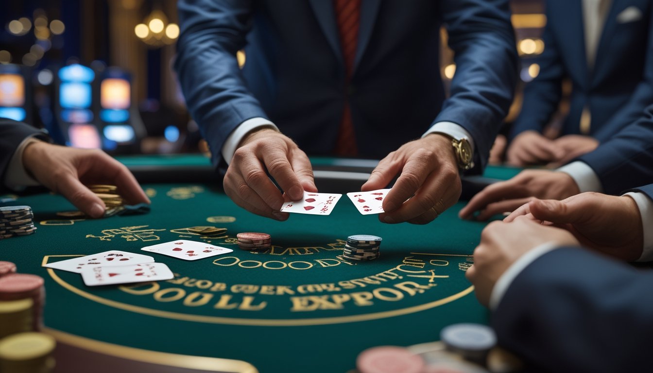 Meja blackjack dengan dealer membagikan dua kartu terbuka dan pemain yang fokus bermain di kasino.