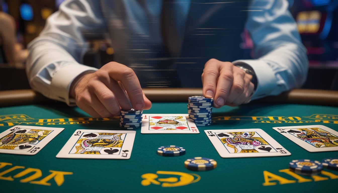 Meja blackjack kasino dengan kartu dan tumpukan chip, serta tangan pemain yang sedang memasang taruhan.