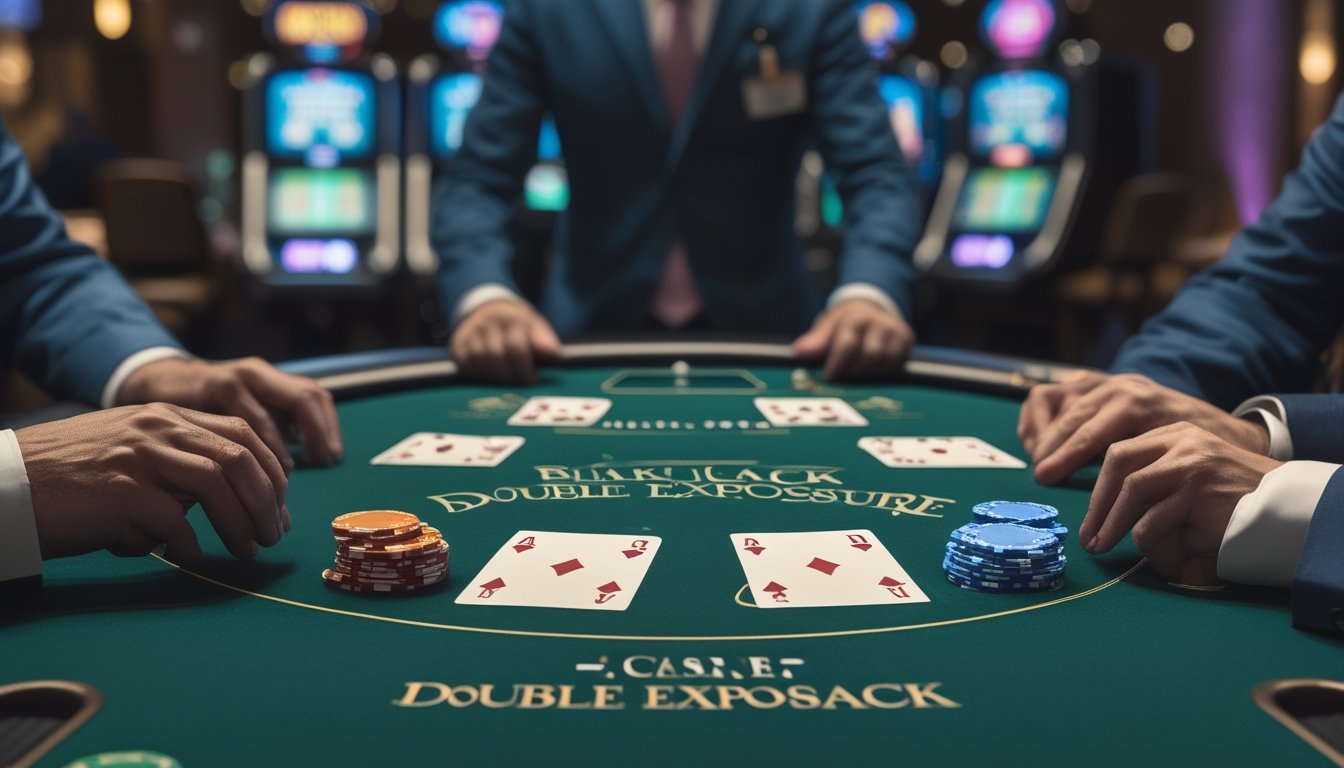 Meja blackjack di kasino dengan kartu dealer terbuka dan pemain yang sedang bermain, suasana kasino yang ramai.