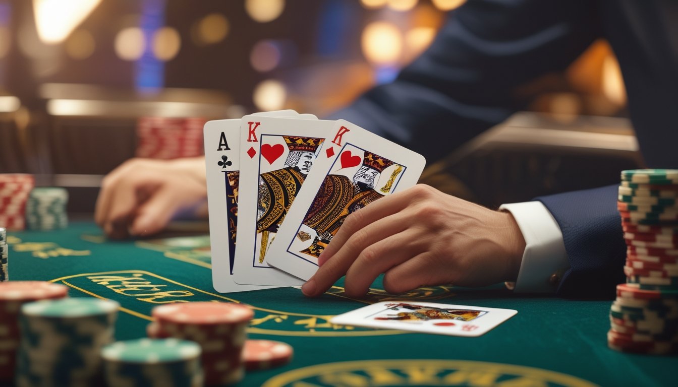 Meja blackjack dengan tangan pemain yang sedang memilih kartu dalam permainan Double Exposure Blackjack.