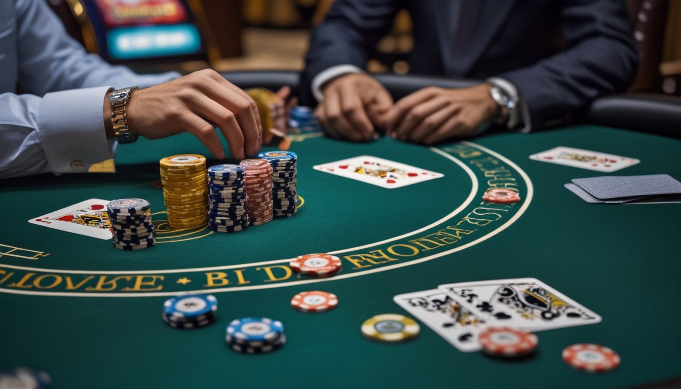 Seorang pemain dan dealer di meja blackjack dengan dua kartu terbuka, menunjukkan suasana kasino yang fokus pada permainan dan strategi.