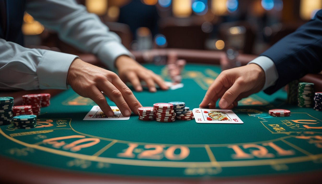 Meja blackjack dengan tangan pemain dan dealer yang sedang bermain kartu dengan chip di atas meja.
