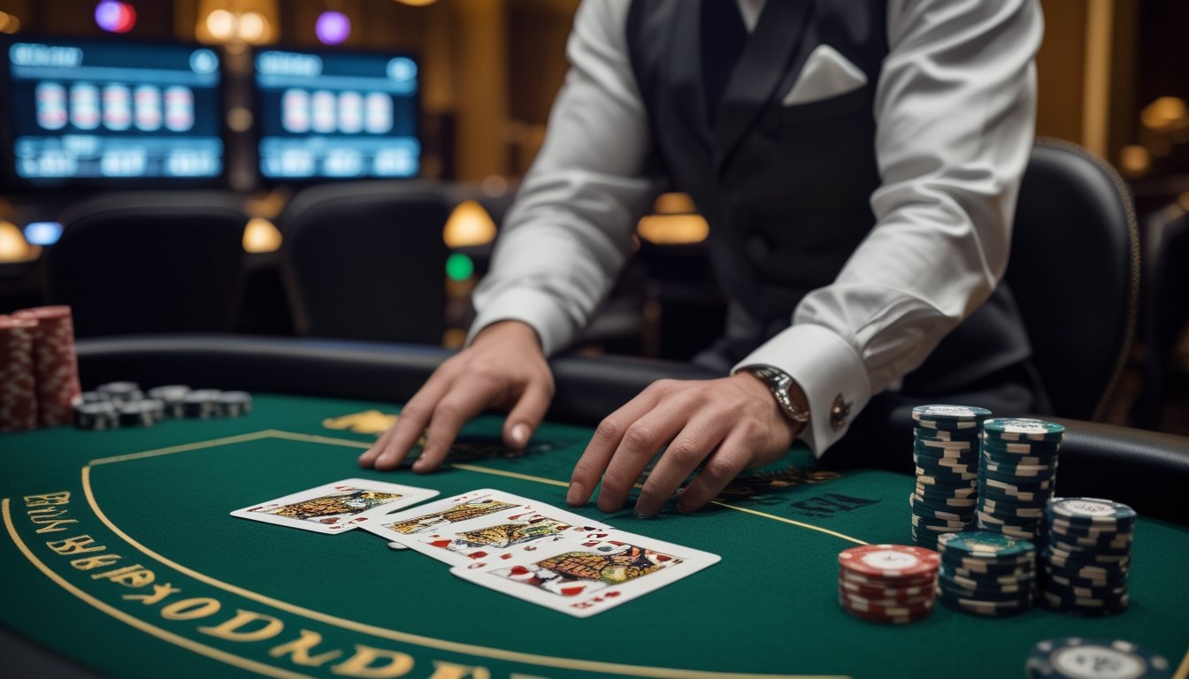 Seorang pemain di meja blackjack dengan dua kartu dealer terbuka, sedang fokus menganalisis permainan di kasino.