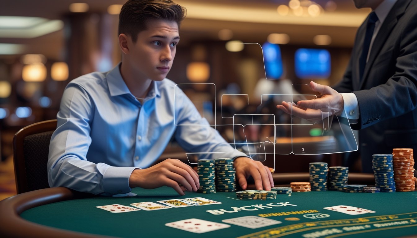 Seorang pemain muda duduk di meja blackjack di kasino, terlihat fokus sambil memegang kartu, dengan dealer yang sedang menjelaskan permainan di latar belakang.