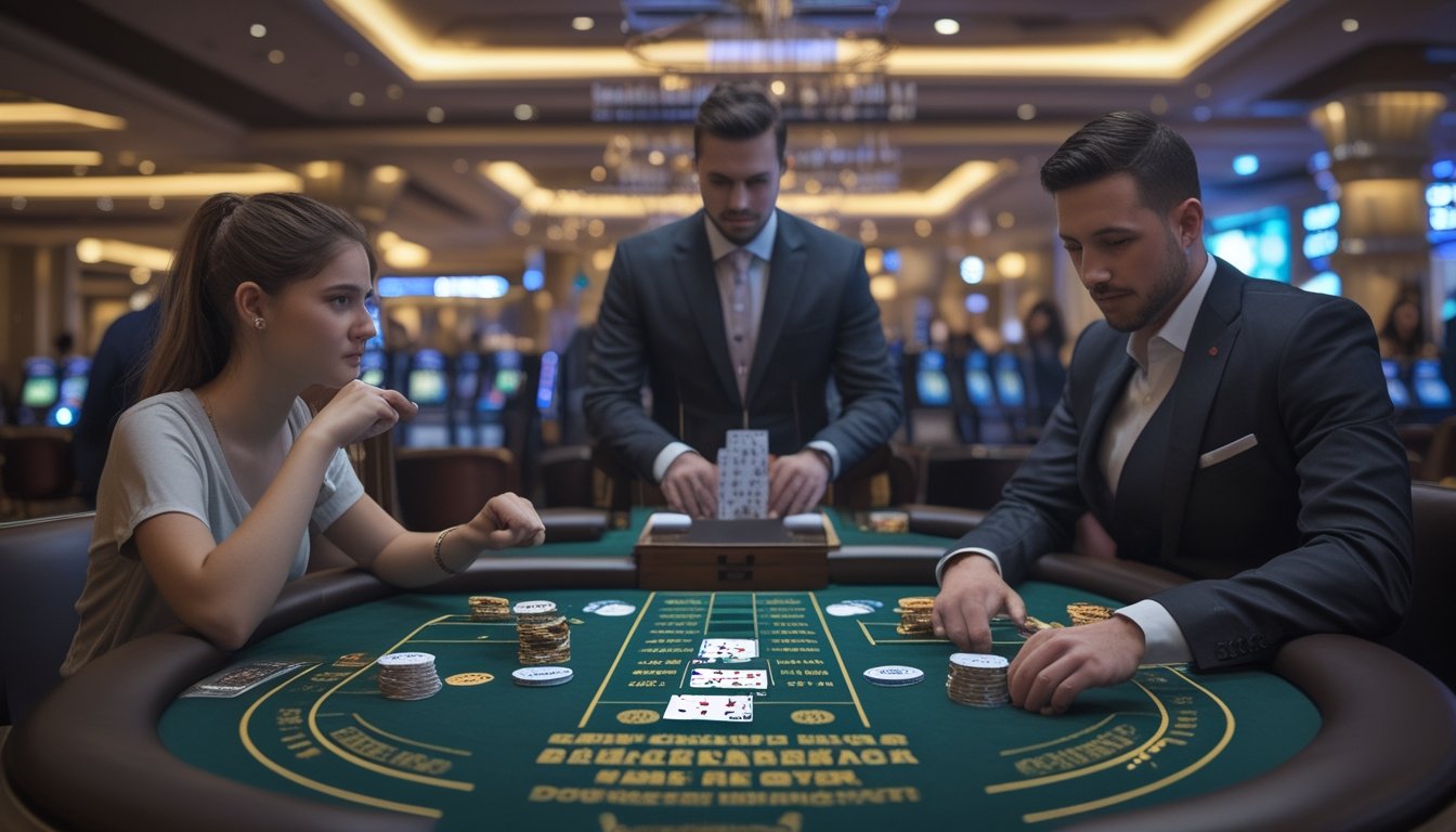 Suasana meja blackjack di kasino dengan beberapa pemain dan dealer yang sedang bermain kartu.