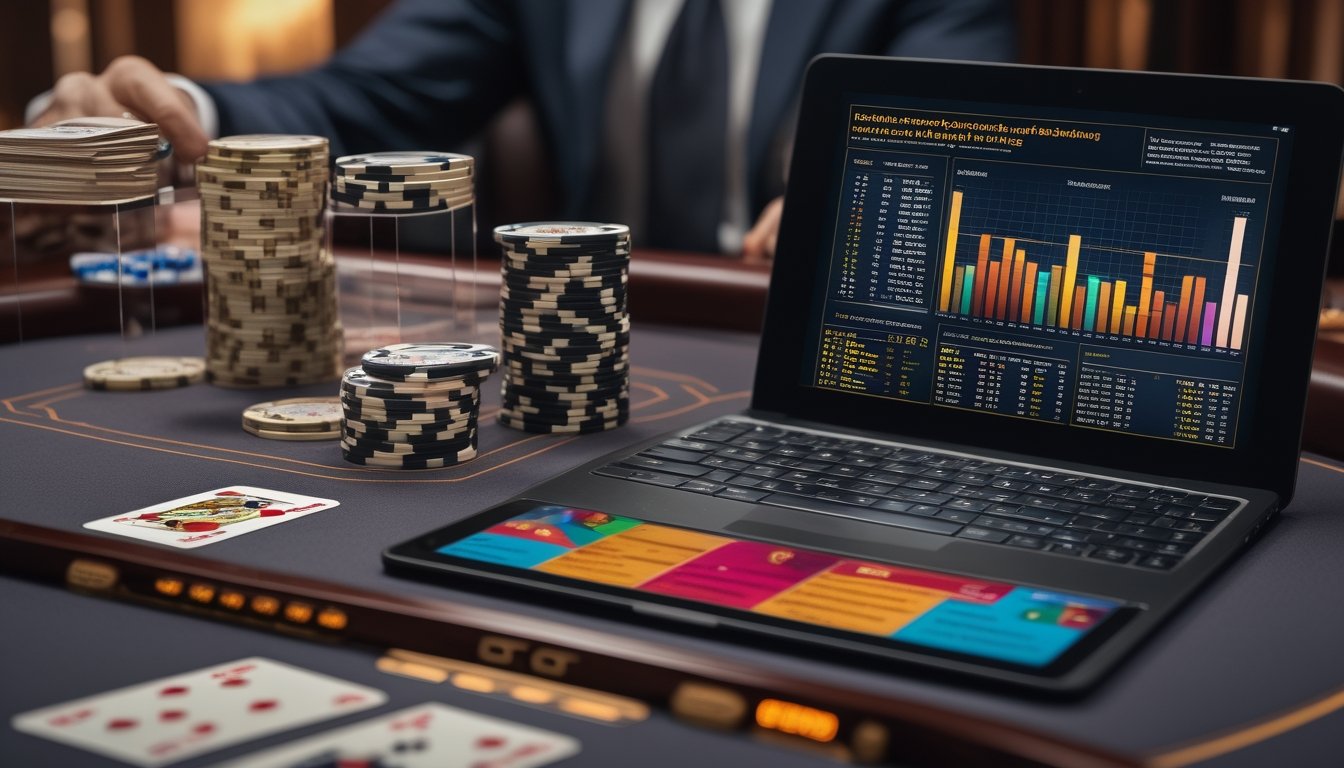 Seorang pemain sedang menganalisis peluang kemenangan di meja blackjack dengan kartu transparan dan grafik statistik di layar digital.