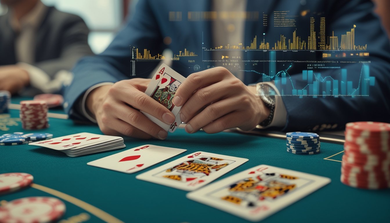Meja blackjack dengan kartu dan grafik statistik yang tumpang tindih, menunjukkan analisis peluang kemenangan dalam permainan blackjack.