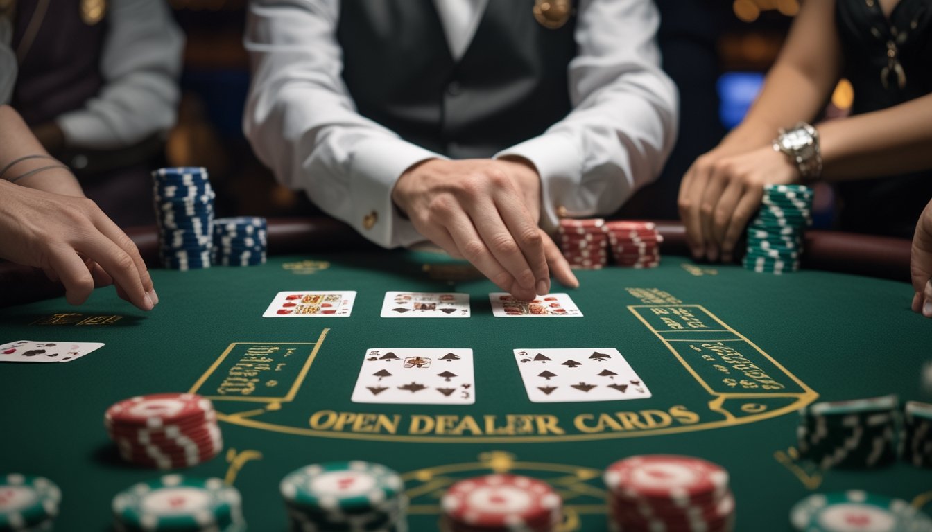 Meja blackjack di kasino dengan kartu dealer terbuka dan tumpukan chip, dealer sedang membagikan kartu kepada pemain.