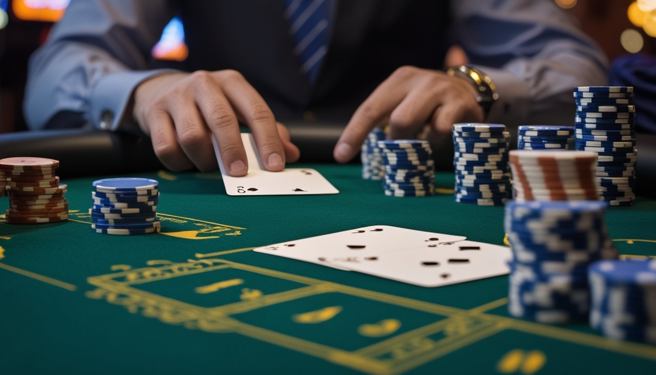 Meja blackjack dengan dealer yang menunjukkan dua kartu terbuka, tumpukan chip di atas meja hijau, suasana kasino di latar belakang.
