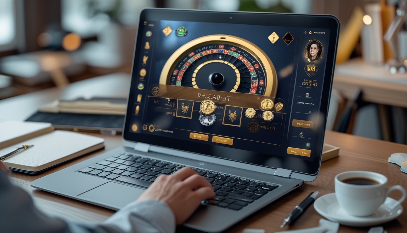 Seseorang sedang bermain permainan speed baccarat online di komputer dengan meja yang rapi dan alat tulis di sekitarnya.