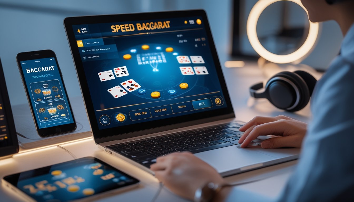 Seorang pengguna sedang bermain Speed Baccarat secara online di komputer dengan layar menampilkan permainan kartu dan chip taruhan.