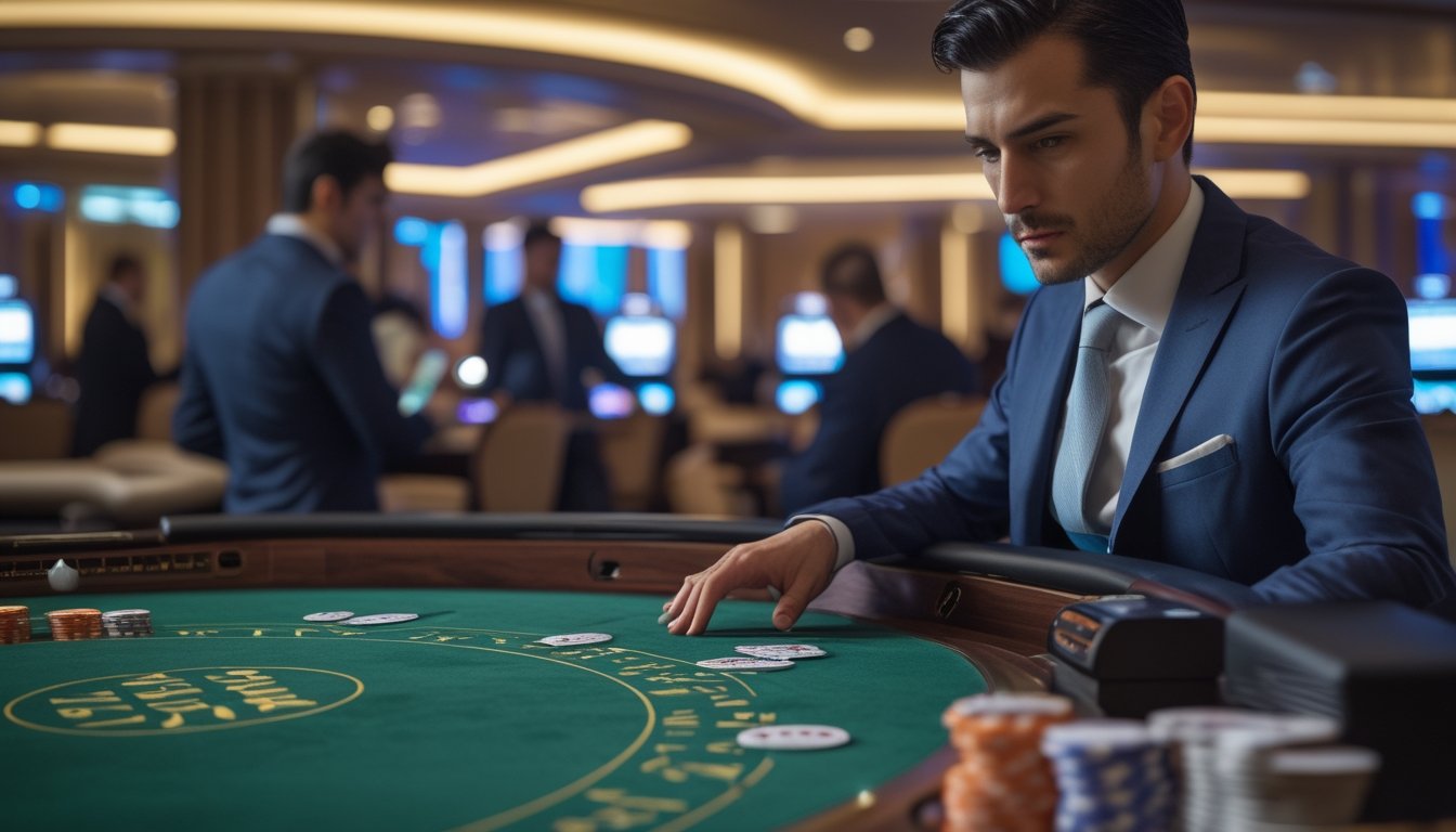 Seorang pemain yang berpakaian rapi sedang fokus bermain Speed Baccarat di meja kasino dengan kartu dan chip tertata rapi.
