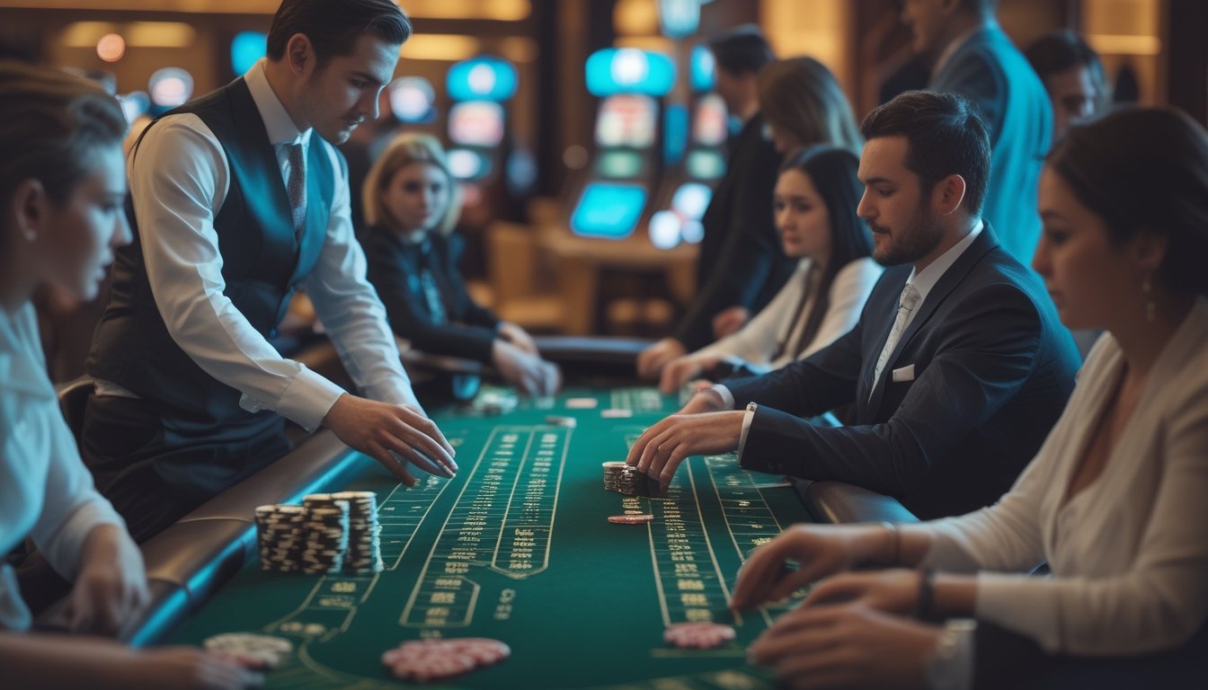 Seorang dealer kartu dan beberapa pemain sedang bermain Speed Baccarat di meja kasino dengan ekspresi serius dan fokus.
