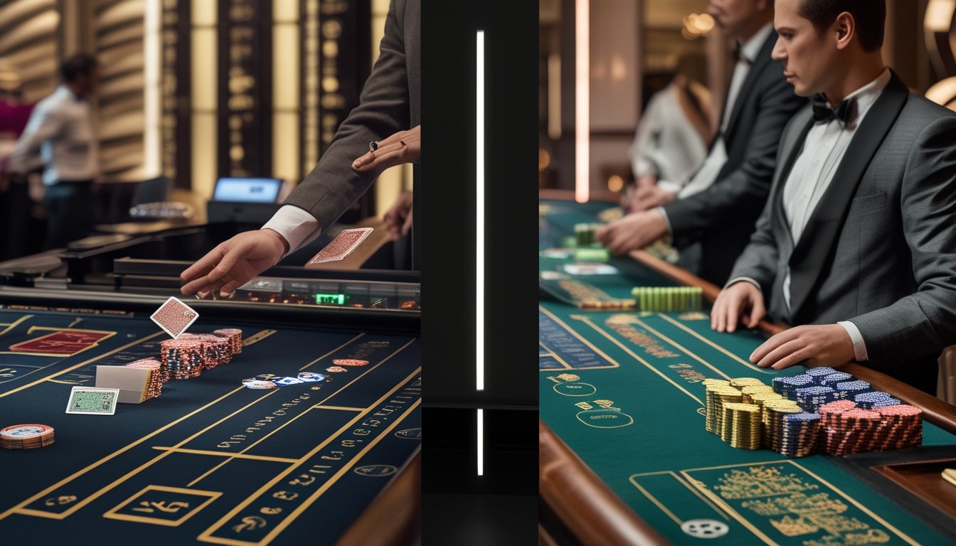 Dua meja Baccarat berdampingan, satu dengan suasana cepat dan modern, satu lagi dengan suasana tradisional dan klasik di dalam kasino.