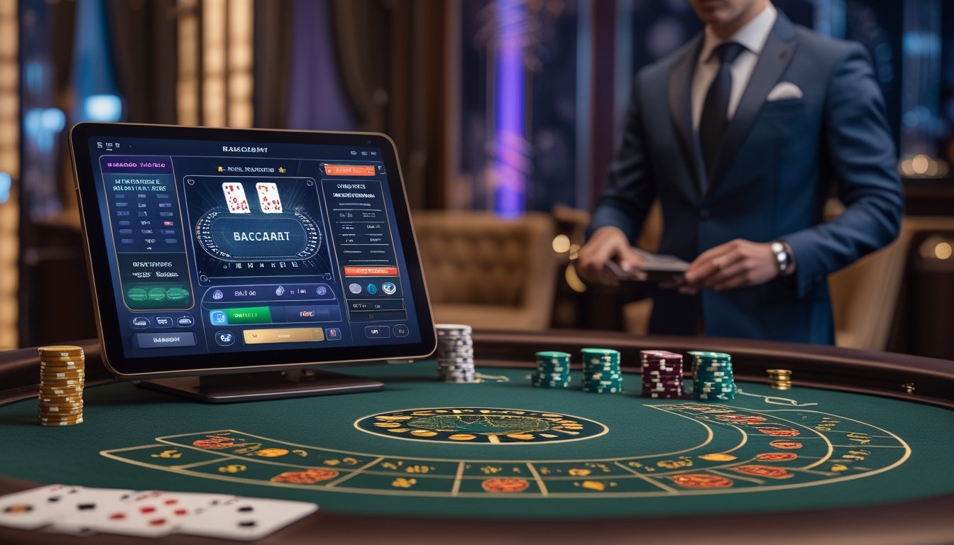 Meja permainan baccarat di kasino dengan dealer dan layar digital yang menunjukkan permainan baccarat cepat di satu sisi dan permainan baccarat tradisional di sisi lain.